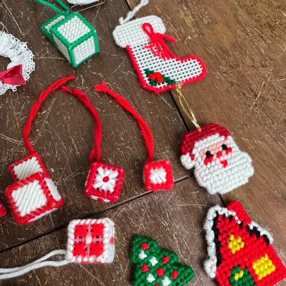 VINTAGE Christmas Granny Square Stocking Poinsettia Candle Various‎ Ornament LOT